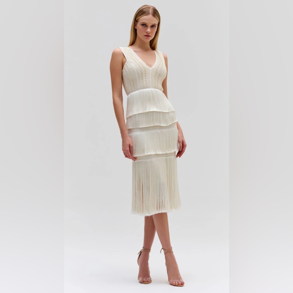 PatBO Plunging Fringe Ivory Midi Dress